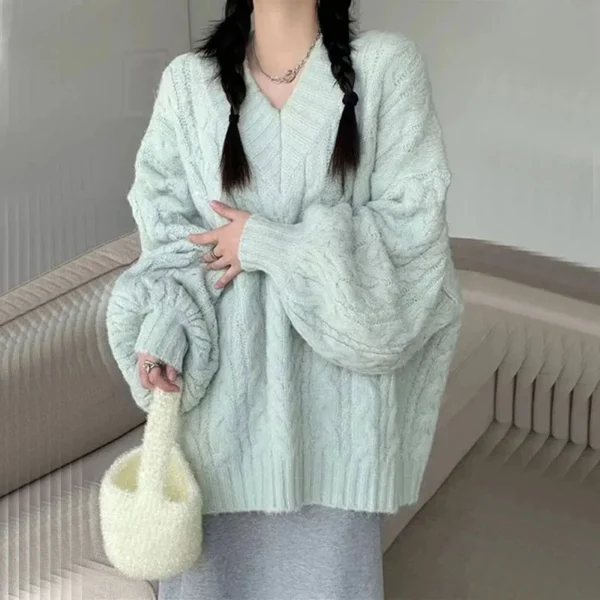 538456928 Autumn Winter Women Sweater Harajuku Oversized Knitted Pullovers Korean Long Sleeve V Neck Knitwear Preppy Solid Loose Jumper