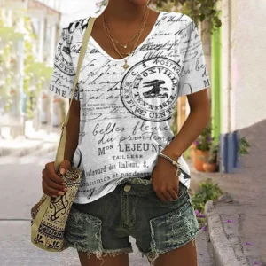 538555362 Vintage Black And White Letter Print Women's T-shirts Design Female V-Neck Top Plus Size Shirt Summer Women's Clothing Casual