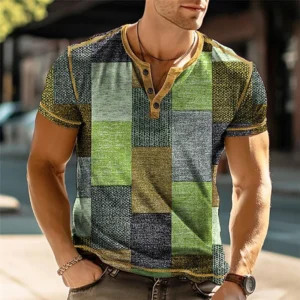 538555200 Henley - Men's Vintage Shirt, Colorful Block 3D Print, Button Short Sleeve T-shirt, Men's Fashion Clothing T-shirt, S-6XL
