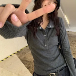 538555182 Fall Winter Long Sleeve Knit Pullovers Woman Y2K High Street Button Up Sweaters for Women Vintage Gray Ribbed Bottoming Tops