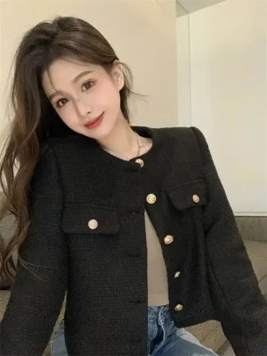 2025 Wool Coat Women Jacket Short Autumn Winter Cardigan Long Sleeve Top Single Breasted Tweed Versatile Wool Top Full Sleeve