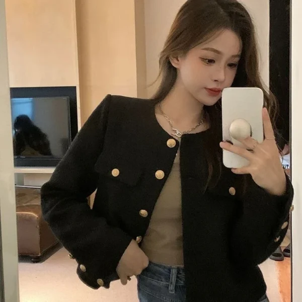 2025 Wool Coat Women Jacket Short Autumn Winter Cardigan Long Sleeve Top Single Breasted Tweed Versatile Wool Top Full Sleeve