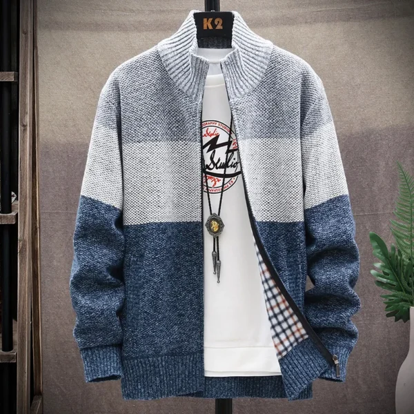 538456850 Autumn Winter Cardigan Sweater Men Fleece Zipper Sweaters Velvet Contrast Striped Sweater Coats Casual Jackets