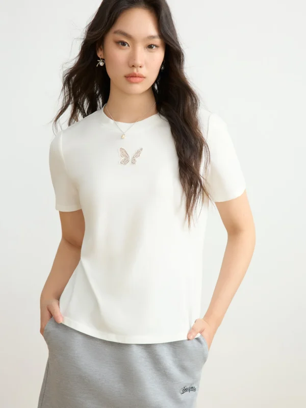 538457812 DUSHU Office Lady Hollow Mesh Embroidery Straight Shoulder T-shirt 2025 Spring Summer New Commuter Short-sleeved Top 25DS81307