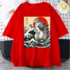 Anime Japanese Art Catzilla Cat Funny Cat Summer Sport T-Shirt Unisex Cartoon T Shirt O-neck Tops Tees Fashion Fitness T Shirt