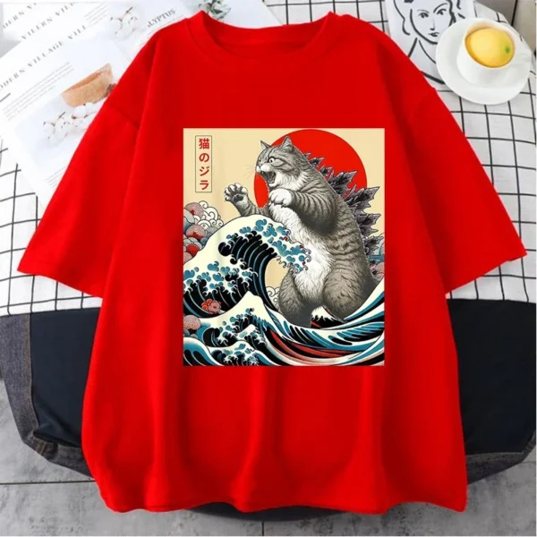 Anime Japanese Art Catzilla Cat Funny Cat Summer Sport T-Shirt Unisex Cartoon T Shirt O-neck Tops Tees Fashion Fitness T Shirt