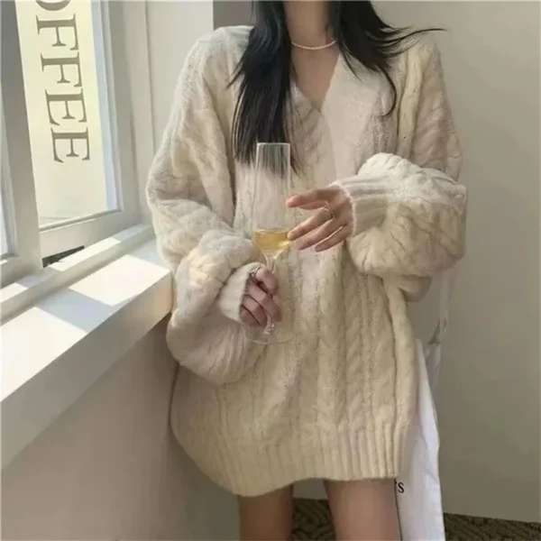 538456933 Autumn Winter Women Sweater Harajuku Oversized Knitted Pullovers Korean Long Sleeve V Neck Knitwear Preppy Solid Loose Jumper