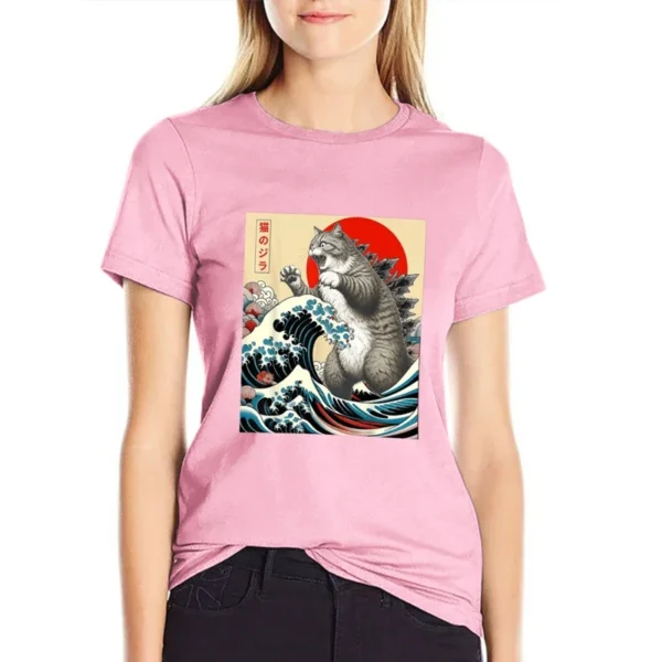 Anime Japanese Art Catzilla Cat Funny Cat Summer Sport T-Shirt Unisex Cartoon T Shirt O-neck Tops Tees Fashion Fitness T Shirt