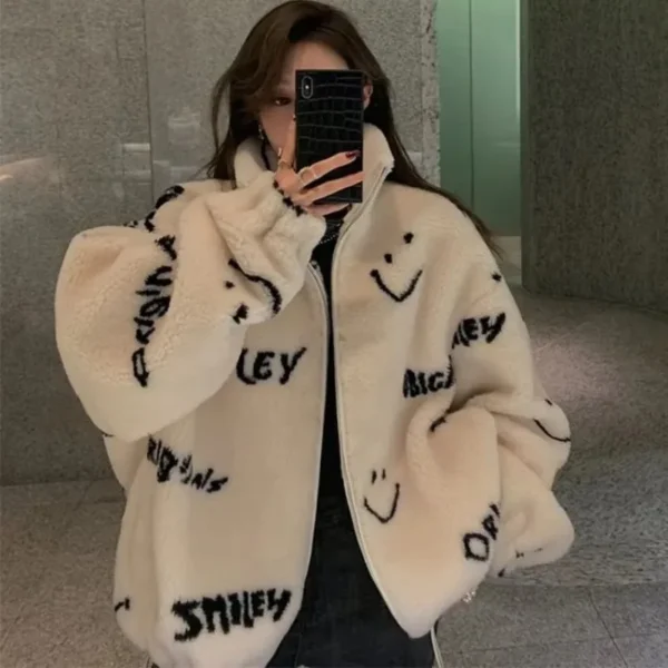 Cute Smiling Face Lamb Wool Coat Women's Korean Sweet Girl Cotton Coat 2023 Autumn/Winter Warm Hooded Short Jacket