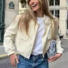 538457775 TRAF 2025 Woman Bomber Jacket White Autumn Winter Button Cropped Jackets for Women Fashion Long Sleeve Women Coat Crop Outerwear