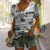 Vintage Black And White Letter Print Women's T-shirts Design Female V-Neck Top Plus Size Shirt Summer Women's Clothing Casual