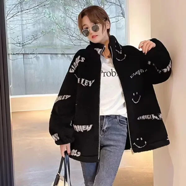 Cute Smiling Face Lamb Wool Coat Women's Korean Sweet Girl Cotton Coat 2023 Autumn/Winter Warm Hooded Short Jacket
