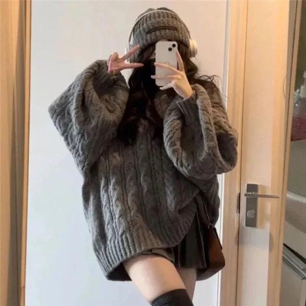 538456924 Autumn Winter Women Sweater Harajuku Oversized Knitted Pullovers Korean Long Sleeve V Neck Knitwear Preppy Solid Loose Jumper