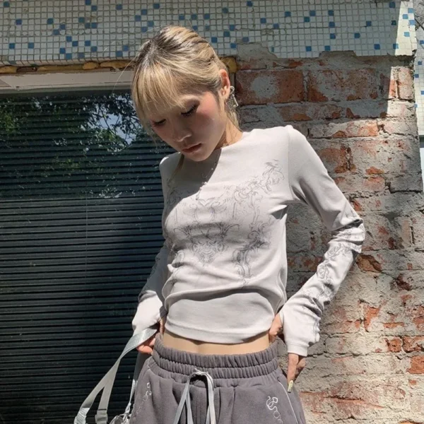 Vintage Women Clothes Y2K T-shirts 2024 Blusas O-neck Long Sleeve Print Tunic Woman Clothing Fashion Casual Crop Tops Shirts