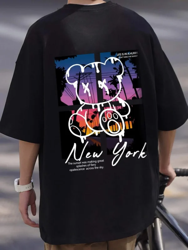 538457314 New York Art Word Cartoon Bear Sunset Scenery Design T Shirts Men Fashion Cotton Shirt Loose Summer T Shirts Oversized Tee