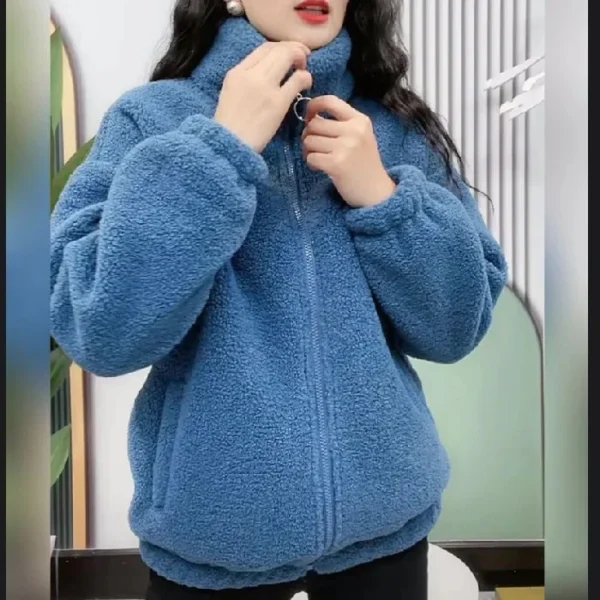 2023 Winter New Plus Size Women's Clothing Thickened Lamb Wool Faux Fur Stand Collar Zipper Thickened Warm Jacket Loose Style