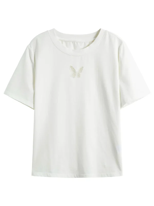 538457819 DUSHU Office Lady Hollow Mesh Embroidery Straight Shoulder T-shirt 2025 Spring Summer New Commuter Short-sleeved Top 25DS81307