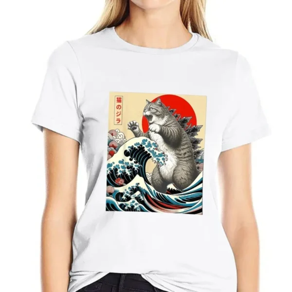 Anime Japanese Art Catzilla Cat Funny Cat Summer Sport T-Shirt Unisex Cartoon T Shirt O-neck Tops Tees Fashion Fitness T Shirt