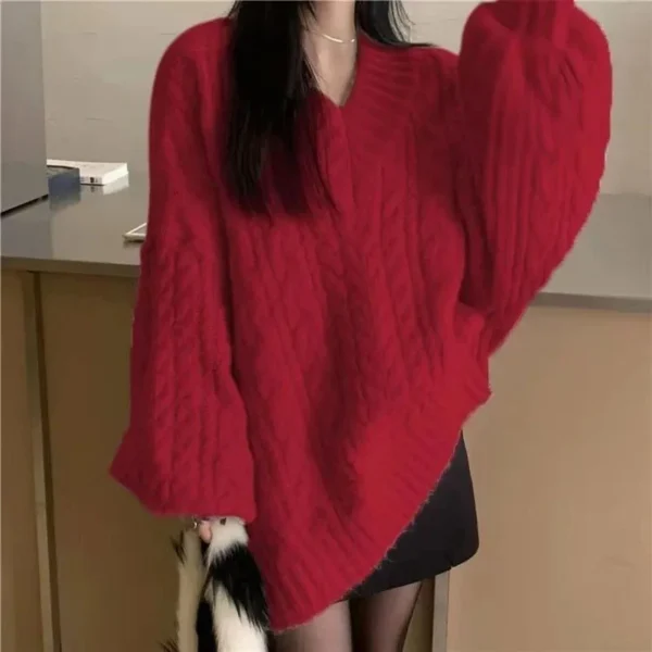 538456927 Autumn Winter Women Sweater Harajuku Oversized Knitted Pullovers Korean Long Sleeve V Neck Knitwear Preppy Solid Loose Jumper