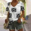 Vintage Black And White Letter Print Women's T-shirts Design Female V-Neck Top Plus Size Shirt Summer Women's Clothing Casual