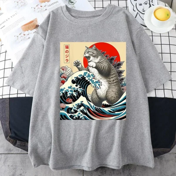 Anime Japanese Art Catzilla Cat Funny Cat Summer Sport T-Shirt Unisex Cartoon T Shirt O-neck Tops Tees Fashion Fitness T Shirt