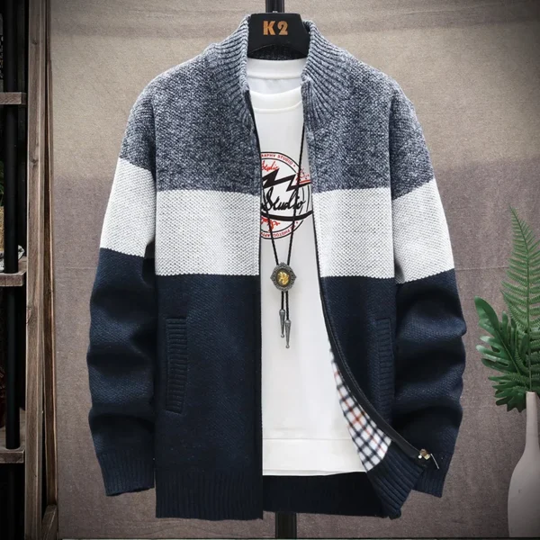 538456849 Autumn Winter Cardigan Sweater Men Fleece Zipper Sweaters Velvet Contrast Striped Sweater Coats Casual Jackets