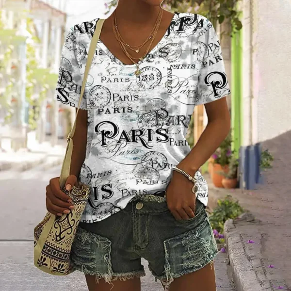 Vintage Black And White Letter Print Women's T-shirts Design Female V-Neck Top Plus Size Shirt Summer Women's Clothing Casual