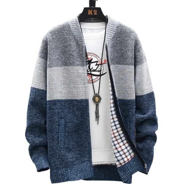 538456853 Autumn Winter Cardigan Sweater Men Fleece Zipper Sweaters Velvet Contrast Striped Sweater Coats Casual Jackets