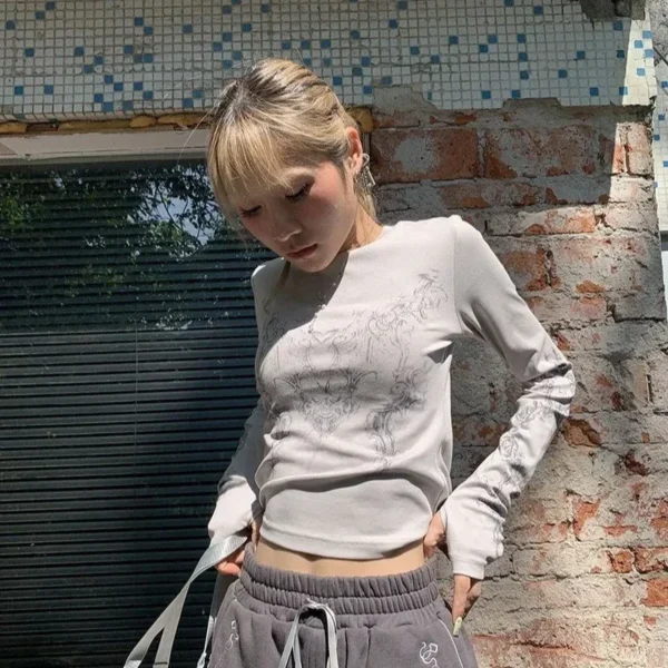 Vintage Women Clothes Y2K T-shirts 2024 Blusas O-neck Long Sleeve Print Tunic Woman Clothing Fashion Casual Crop Tops Shirts