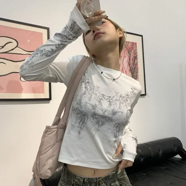 Vintage Women Clothes Y2K T-shirts 2024 Blusas O-neck Long Sleeve Print Tunic Woman Clothing Fashion Casual Crop Tops Shirts