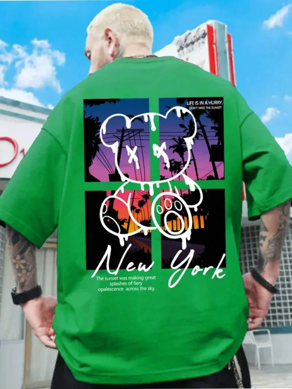 538457316 New York Art Word Cartoon Bear Sunset Scenery Design T Shirts Men Fashion Cotton Shirt Loose Summer T Shirts Oversized Tee