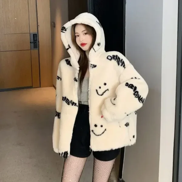 Cute Smiling Face Lamb Wool Coat Women's Korean Sweet Girl Cotton Coat 2023 Autumn/Winter Warm Hooded Short Jacket