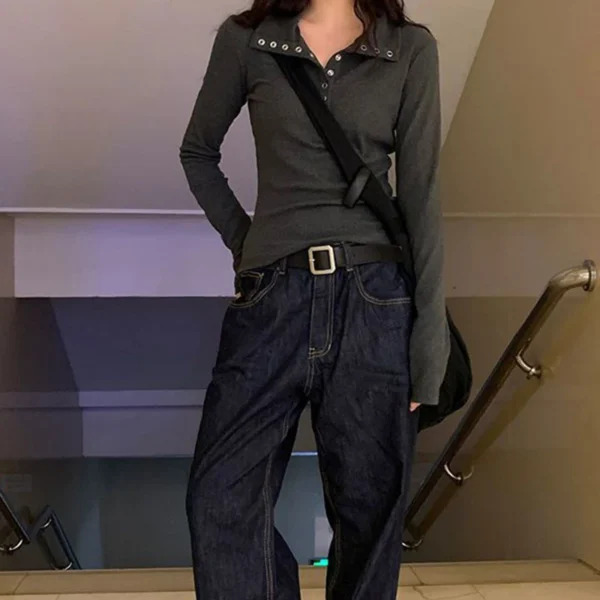 538555183 Fall Winter Long Sleeve Knit Pullovers Woman Y2K High Street Button Up Sweaters for Women Vintage Gray Ribbed Bottoming Tops