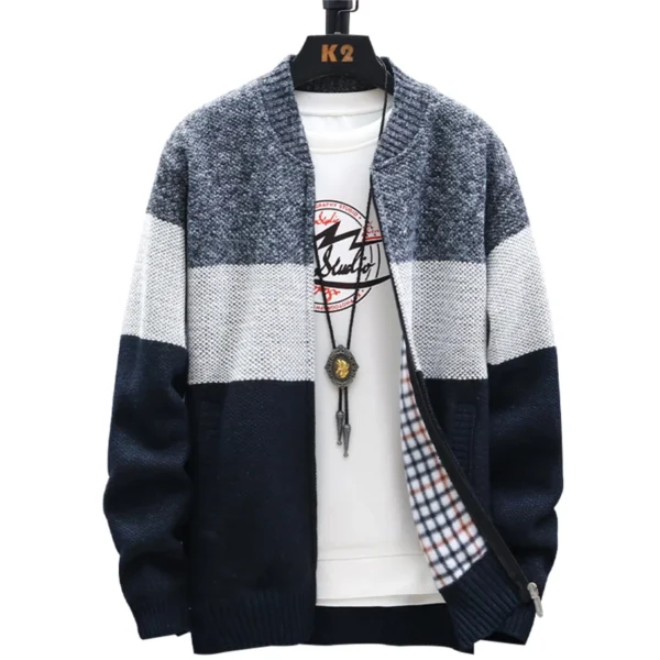 538456851 Autumn Winter Cardigan Sweater Men Fleece Zipper Sweaters Velvet Contrast Striped Sweater Coats Casual Jackets