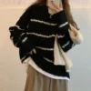 Women Sweater Casual Pullovers Autumn Winter Basics Knitted Korean Loose Striped O-neck Long Sleeve Elegance Sweet