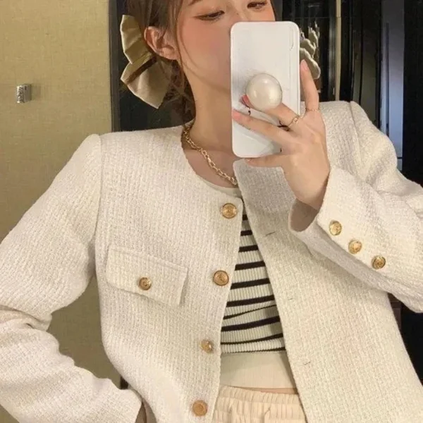 2025 Wool Coat Women Jacket Short Autumn Winter Cardigan Long Sleeve Top Single Breasted Tweed Versatile Wool Top Full Sleeve