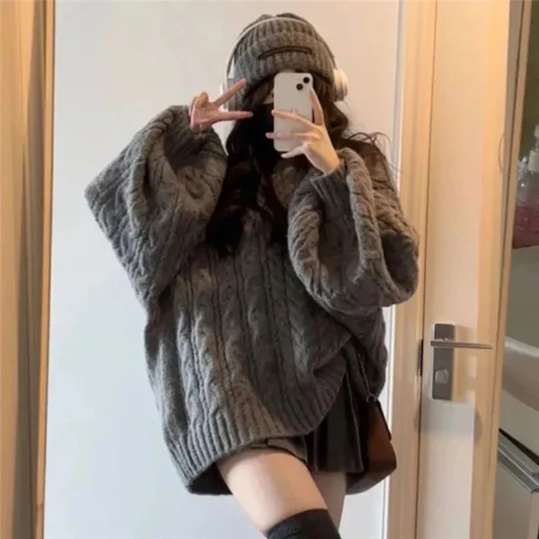 538456930 Autumn Winter Women Sweater Harajuku Oversized Knitted Pullovers Korean Long Sleeve V Neck Knitwear Preppy Solid Loose Jumper