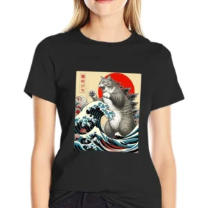Anime Japanese Art Catzilla Cat Funny Cat Summer Sport T-Shirt Unisex Cartoon T Shirt O-neck Tops Tees Fashion Fitness T Shirt