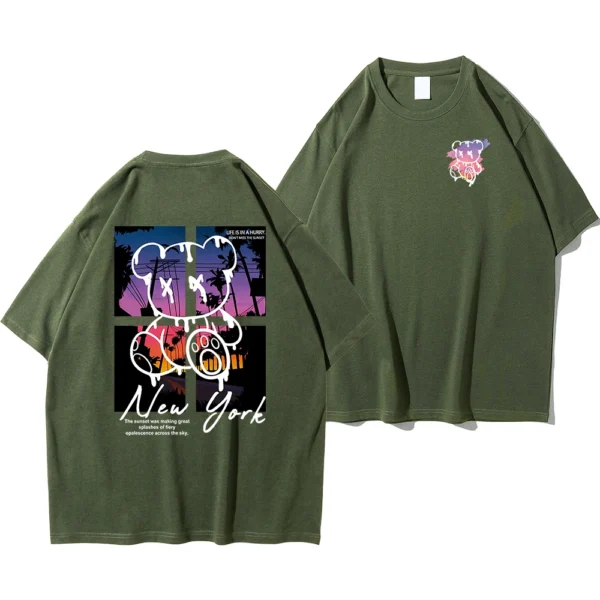 538457320 New York Art Word Cartoon Bear Sunset Scenery Design T Shirts Men Fashion Cotton Shirt Loose Summer T Shirts Oversized Tee