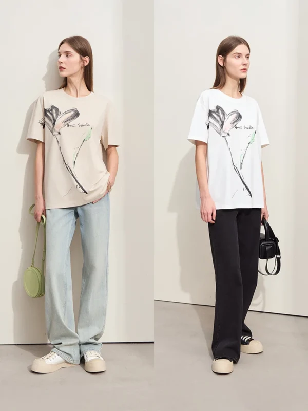 Amii Minimalism 2024 T-shirt Women Summer New O Neck Ink Art Print Cool Feeling Short sleeve Loose Cotton Tee Tops 12442185