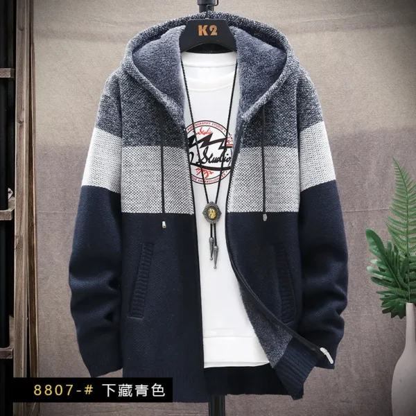 538456855 Autumn Winter Cardigan Sweater Men Fleece Zipper Sweaters Velvet Contrast Striped Sweater Coats Casual Jackets